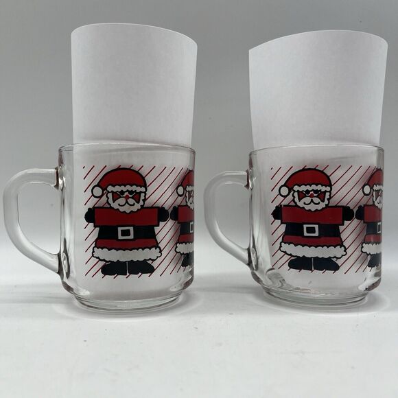 Vintage 2 Luminarc Red Stripe Santa Claus Christmas Mugs Coffee Holiday St Nick - Picture 2 of 12